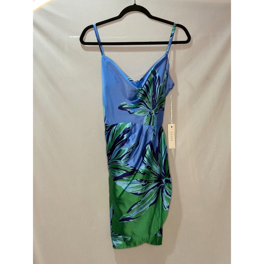 Siena Floral Mini Dress Blue Green Tropical Cowl Neck Wrap Skirt Size